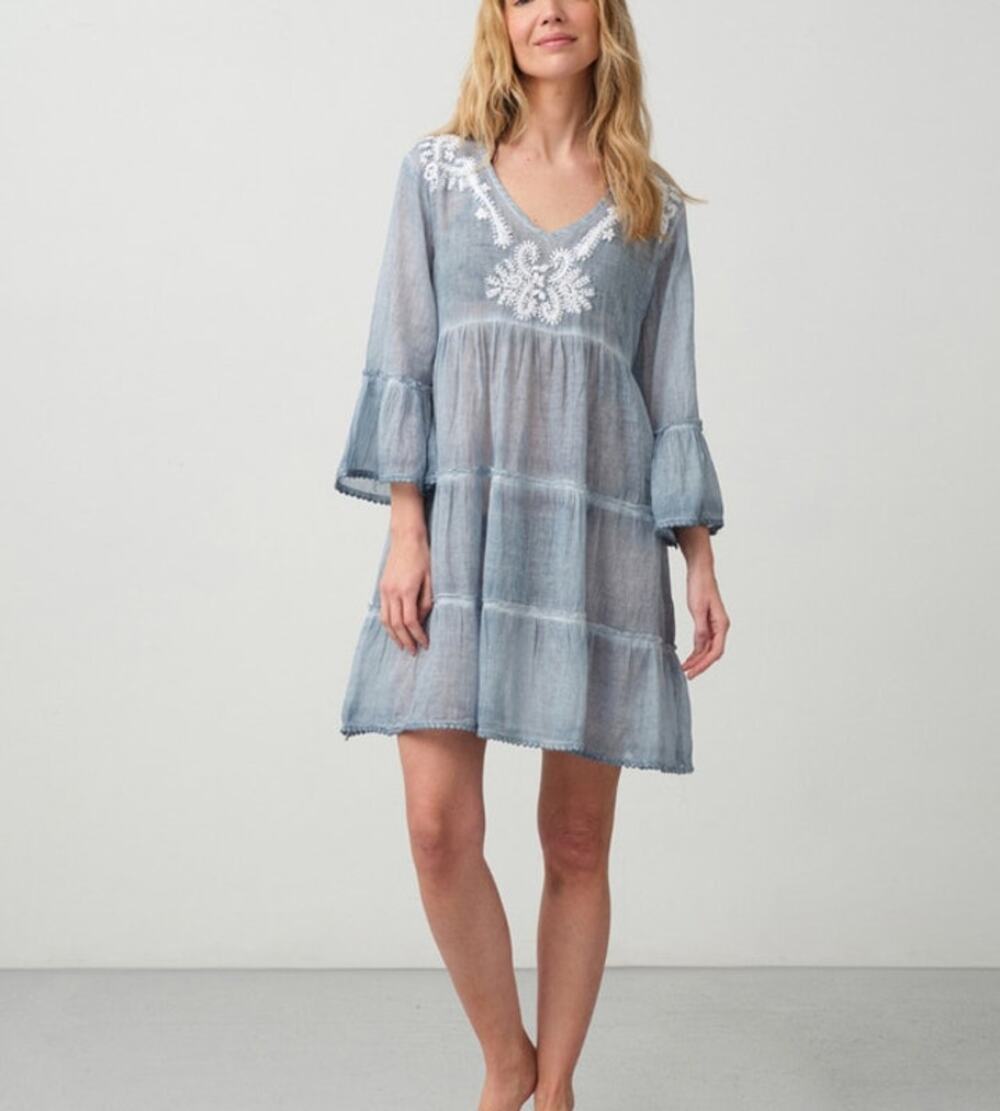 Dolma Blue Embroidered Tiered Tunic Dress Boho Cotton Mini Festival Style